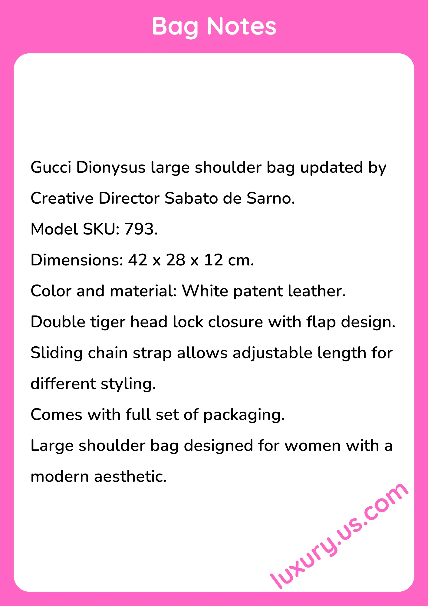 12cm Gucci Dionysus 793 White Patent Leather 42x28x12 cm - short_description_image1