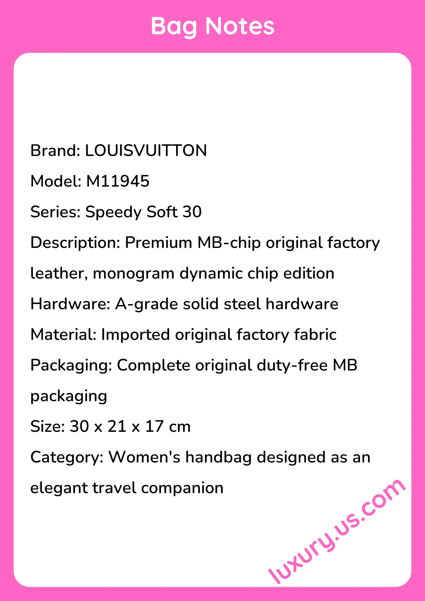 Louisvuitton Speedy Soft Handbag M11945 30 x 21 x 17 cm Louisvuitton Speedy Soft Handbag M11945 30 x 21 x 17 cm - short_description_image1