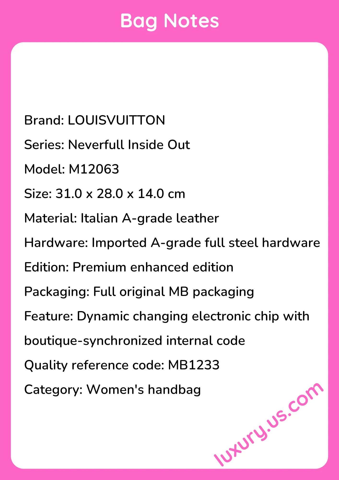 Louisvuitton Neverfull Inside Out Medium Tote M12063 31.0 x 28.0 x 14.0 cm Louisvuitton Neverfull Inside Out Medium Tote M12063 31.0 x 28.0 x 14.0 cm - short_description_image1