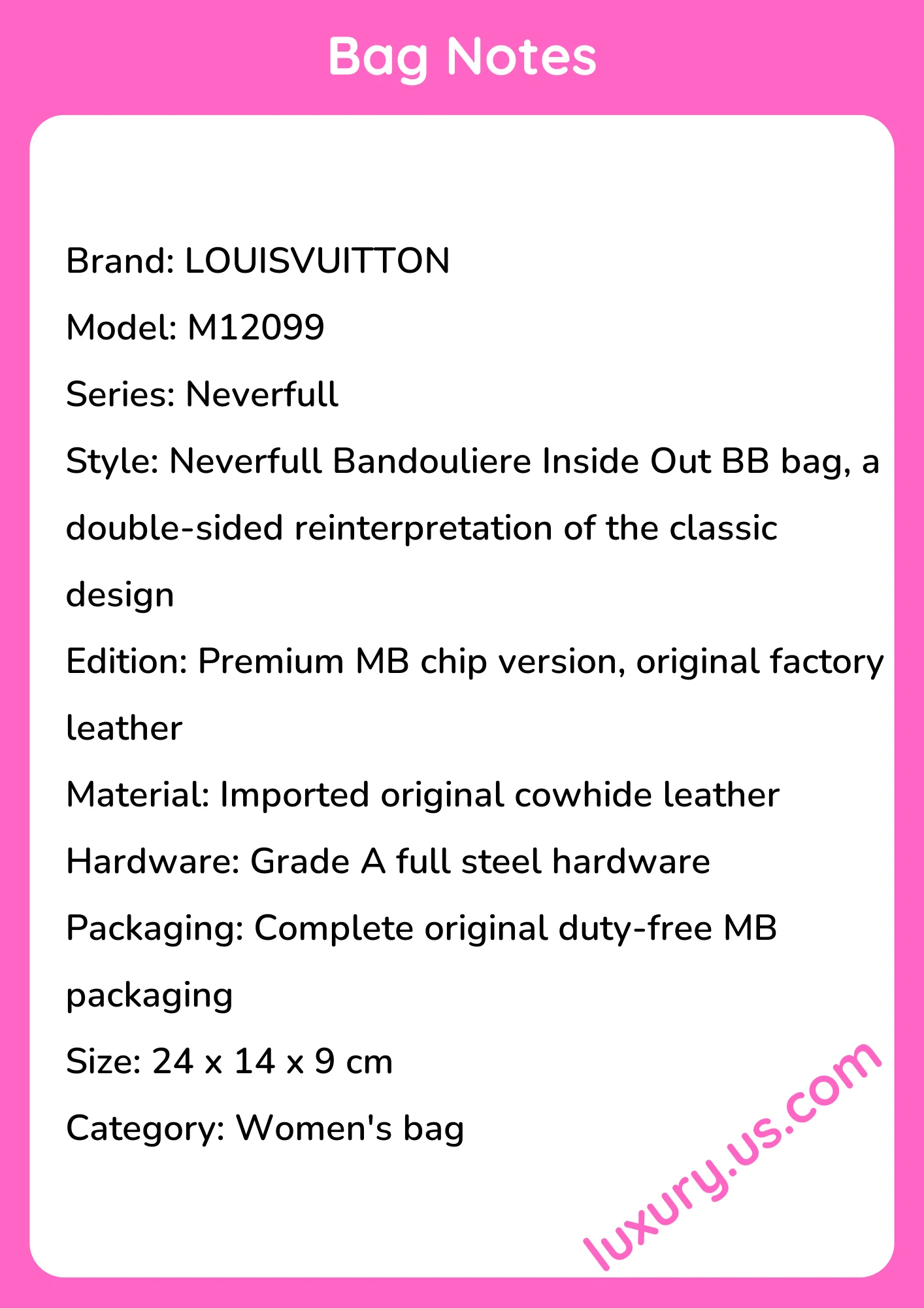 Louisvuitton Neverfull Bandouliere Inside Out BB Bag M12099 24x14x9 cm - short_description_image1