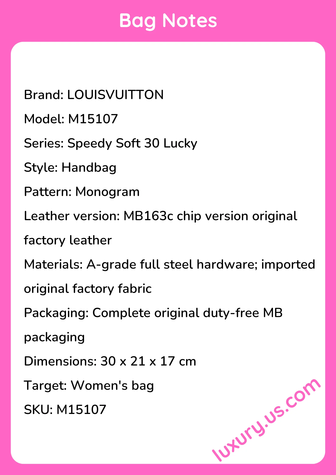 Louisvuitton Speedy Soft 30 Lucky Handbag M15107 Monogram 30x21x17 cm Louisvuitton Speedy Soft 30 Lucky Handbag M15107 Monogram 30x21x17 cm - short_description_image1