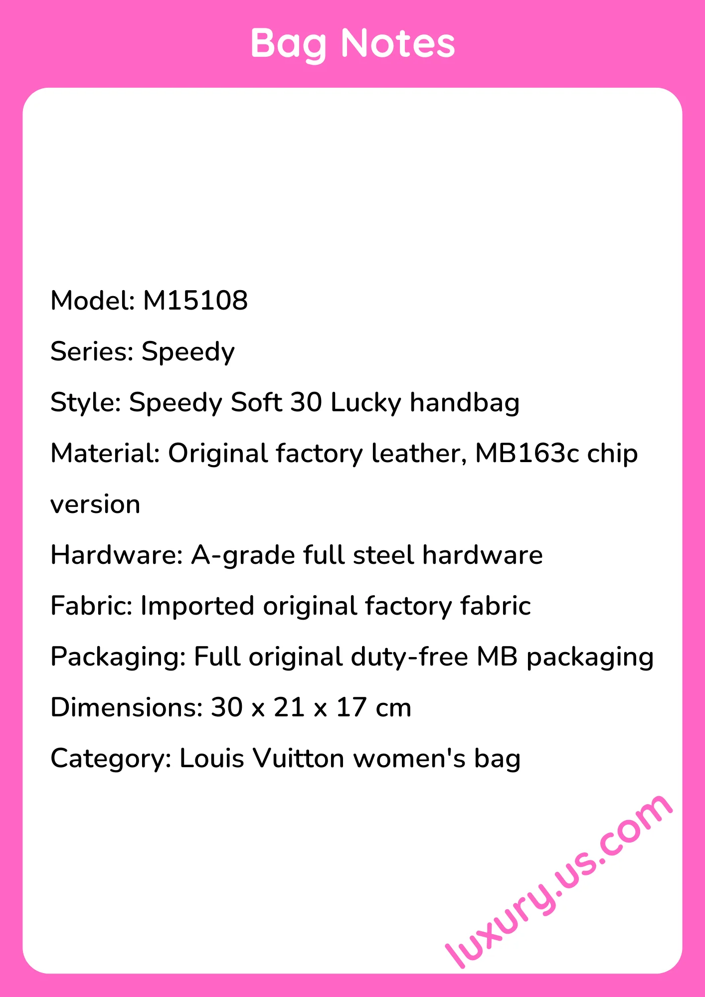 Louisvuitton Speedy Soft 30 Lucky Handbag Model M15108 30x21x17 cm Louisvuitton Speedy Soft 30 Lucky Handbag Model M15108 30x21x17 cm - short_description_image1