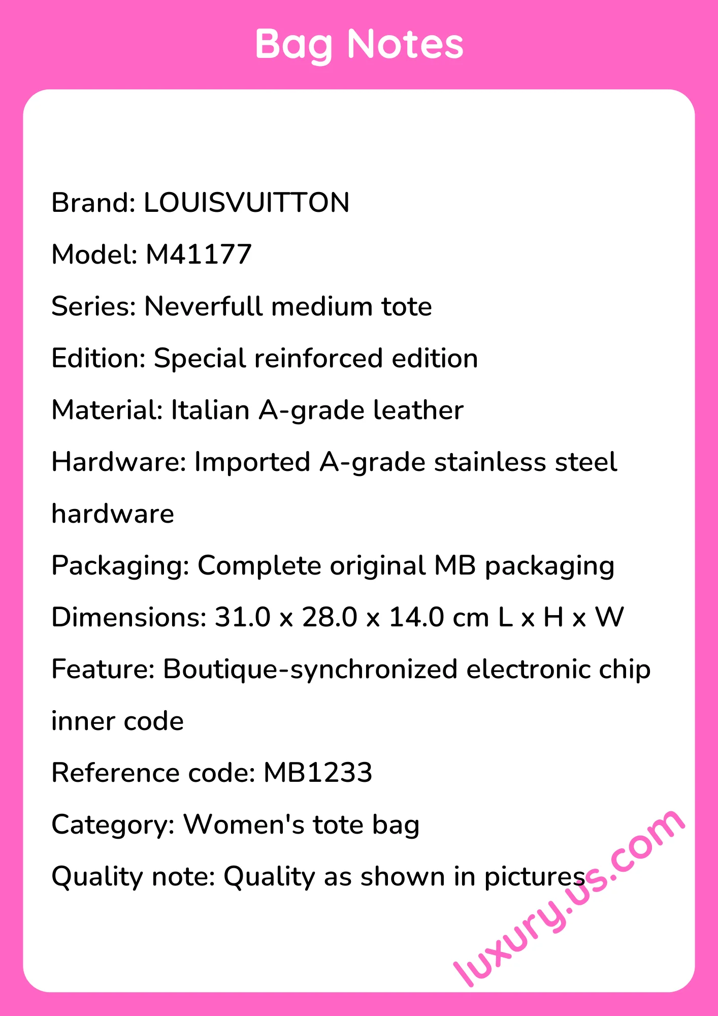 Louisvuitton Neverfull Medium Tote Special Reinforced Edition M41177 31.0 x 28.0 x 14.0 cm Louisvuitton Neverfull Medium Tote Special Reinforced Edition M41177 31.0 x 28.0 x 14.0 cm - short_description_image1