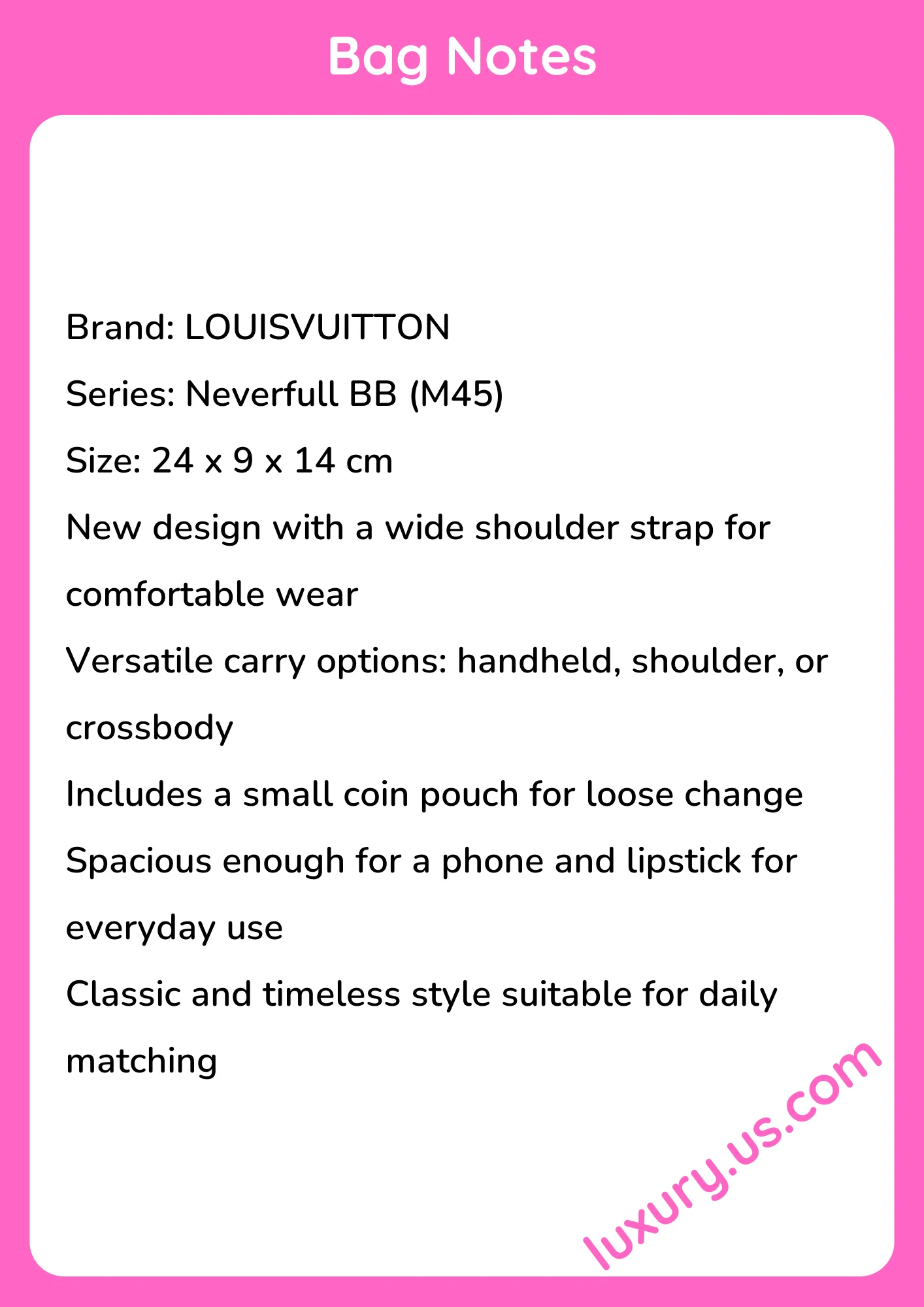 Louisvuitton Neverfull BB Handbag M45 24x9x14 cm - short_description_image1