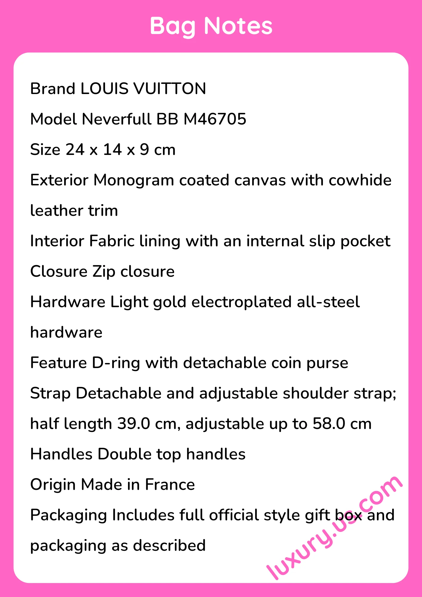 Louisvuitton Neverfull BB Handbag M46705 24x14x9 cm Louisvuitton Neverfull BB Handbag M46705 24x14x9 cm - short_description_image1