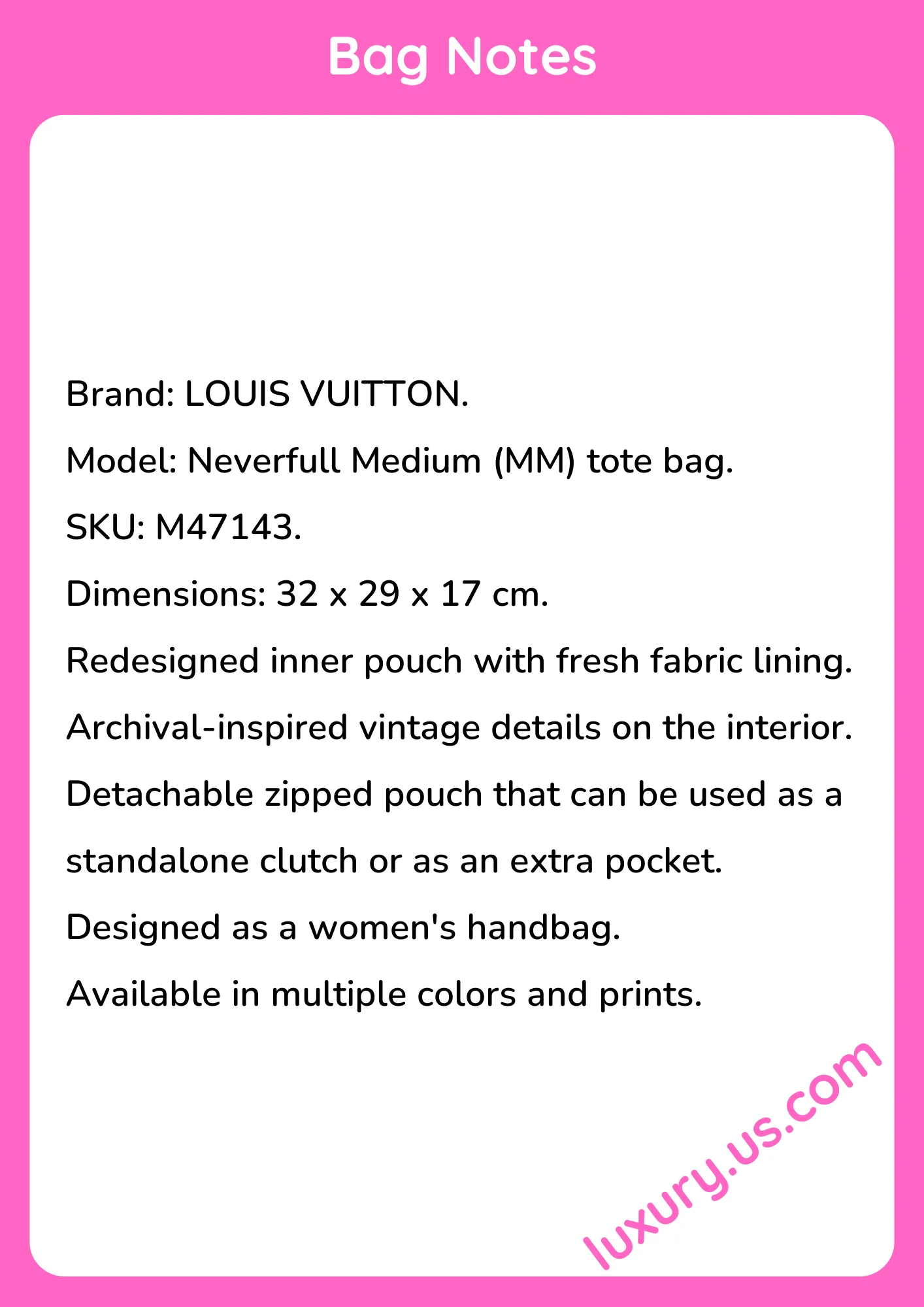 Louisvuitton Neverfull Medium Tote M47143 32x29x17 cm Louisvuitton Neverfull Medium Tote M47143 32x29x17 cm - short_description_image1