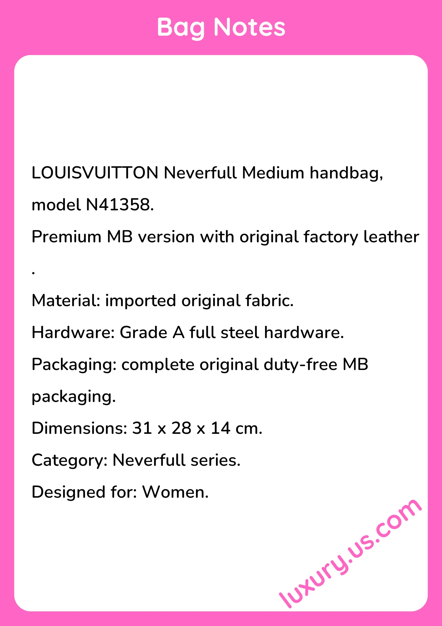 Louisvuitton Neverfull Medium Handbag N41358 31x28x14 cm - short_description_image1
