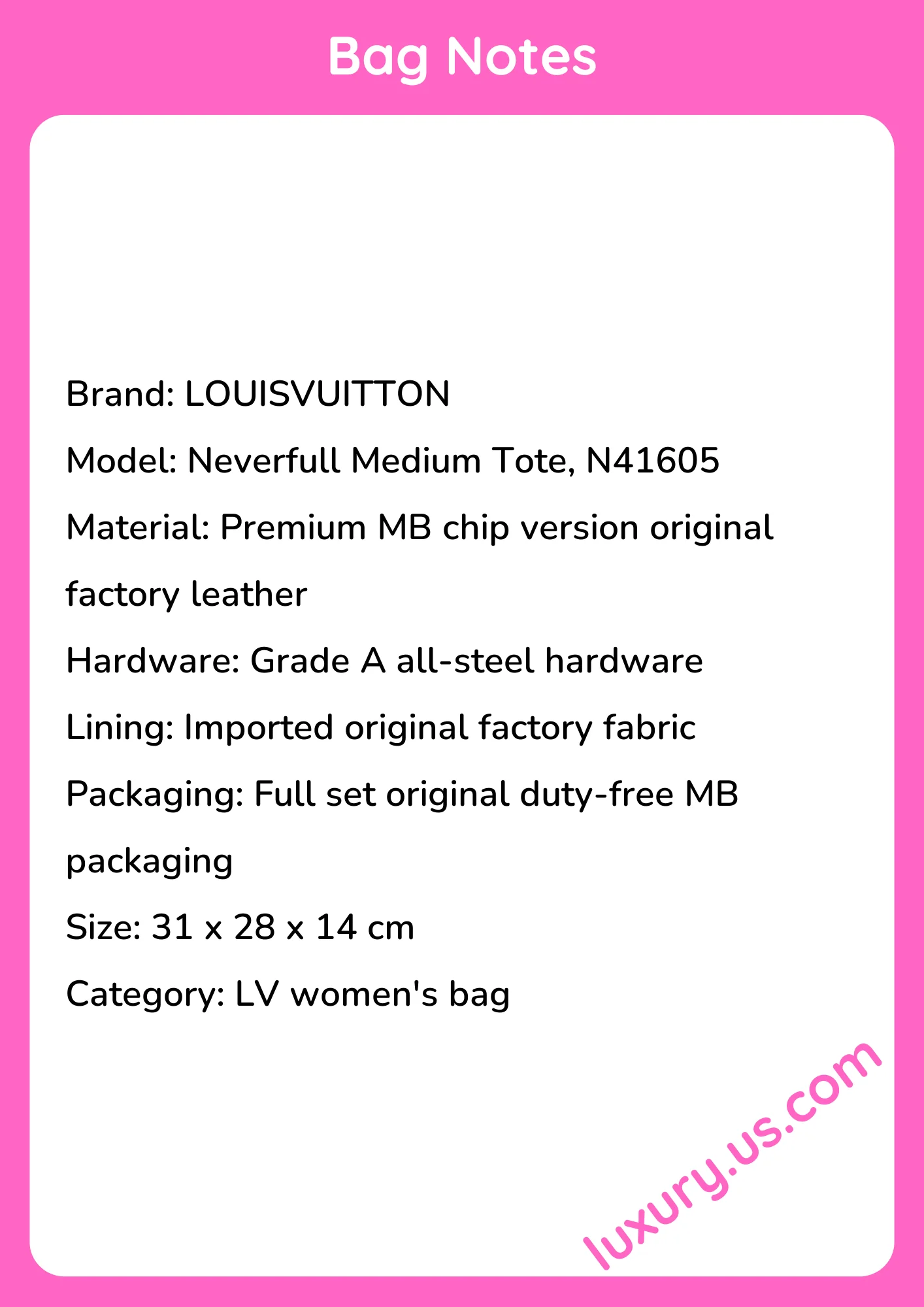 Louisvuitton Neverfull Medium Tote N41605 31x28x14 cm Louisvuitton Neverfull Medium Tote N41605 31x28x14 cm - short_description_image1