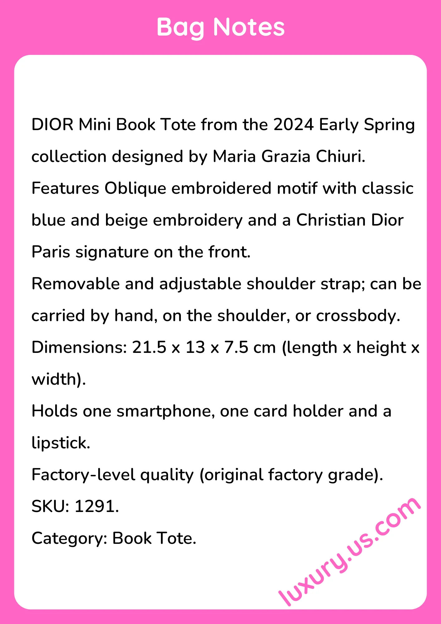 Dior Mini Book Tote Bag with Removable Adjustable Strap 21.5 x 13 x 7.5 cm - short_description_image1