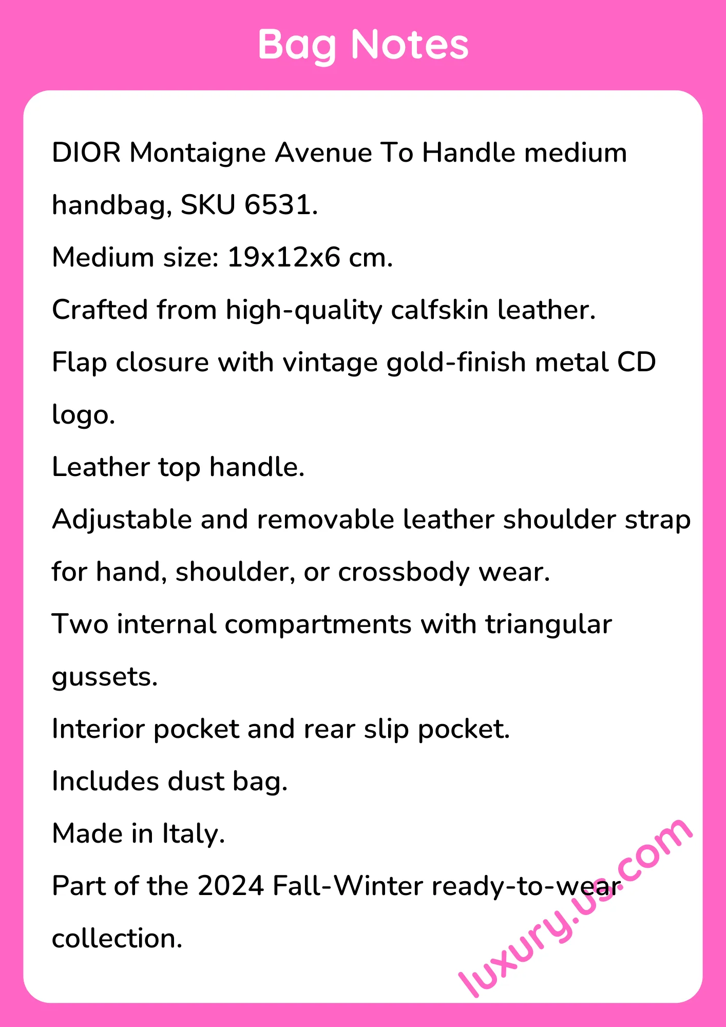 Dior Montaigne Avenue To Handle Medium Handbag SKU 6531 19x12x6 cm - short_description_image1