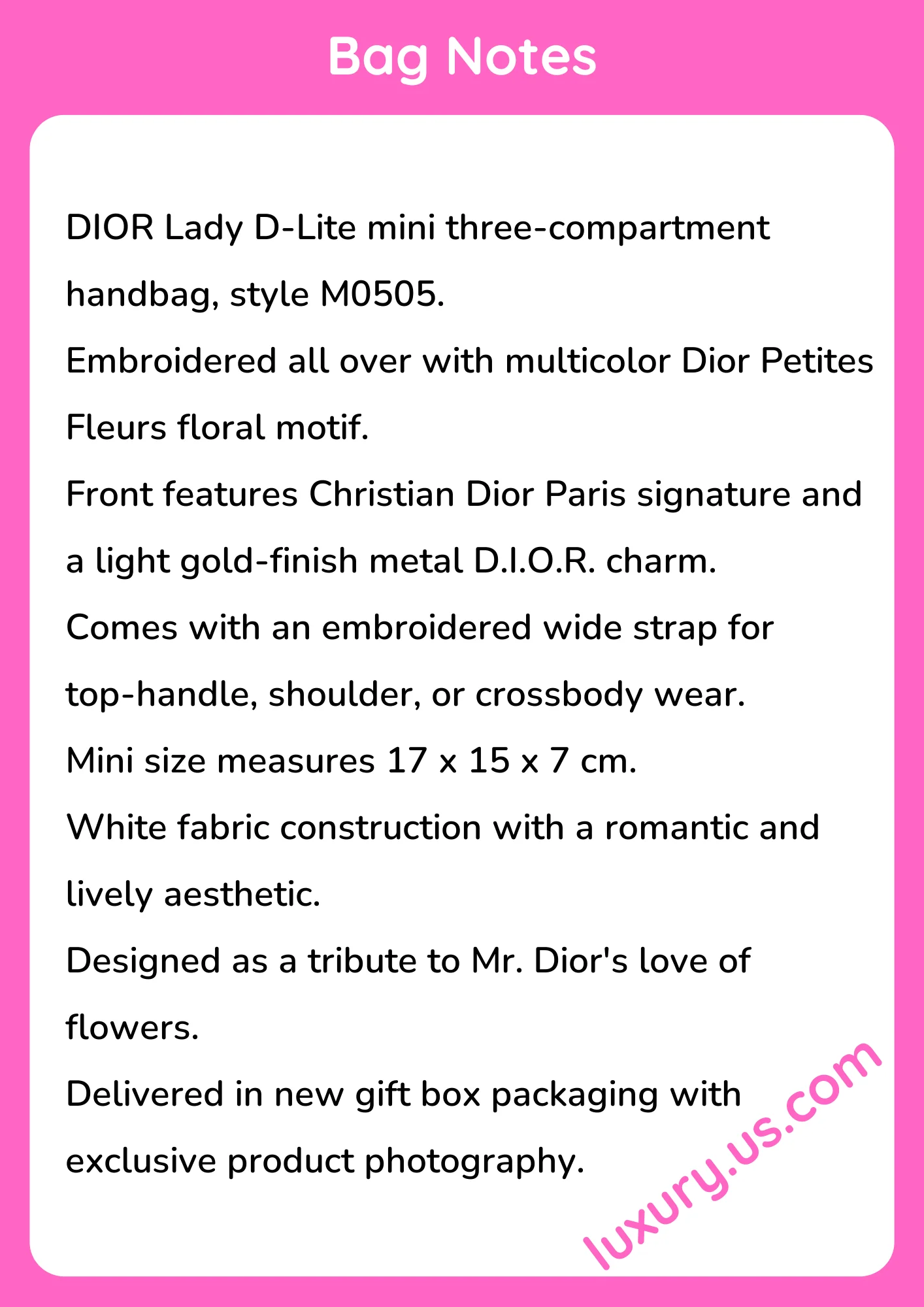 Dior Lady D-Lite embroidered three-compartment floral handbag M0505 17x15x7 cm - short_description_image1