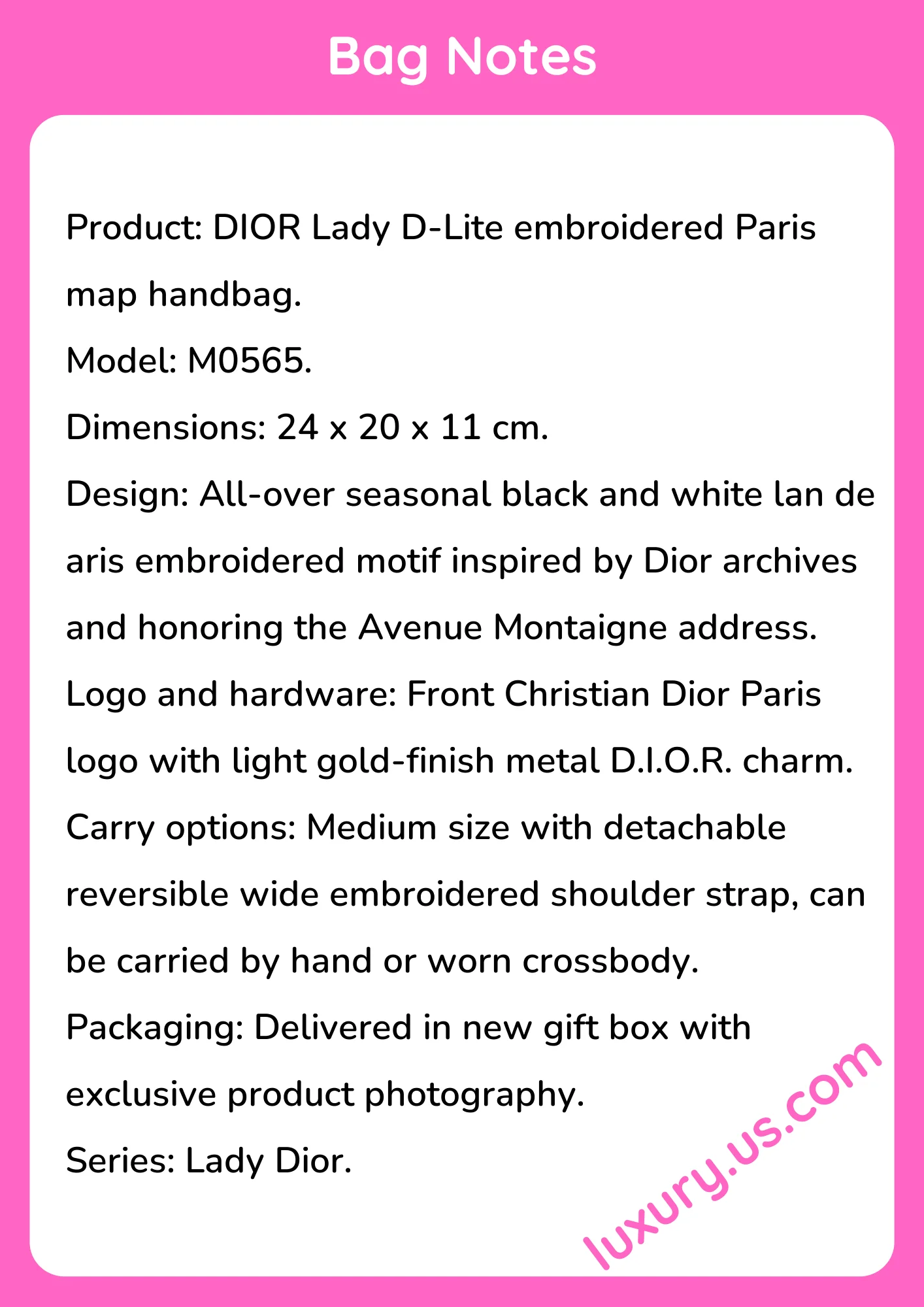 Dior Lady D-Lite Embroidered Paris Map Handbag M0565 24 x 20 x 11 cm - short_description_image1