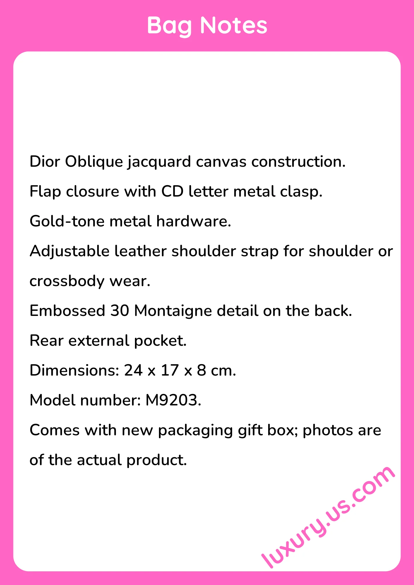 Dior Montaigne Flap Canvas Handbag M9203 24 x 17 x 8 cm - short_description_image1