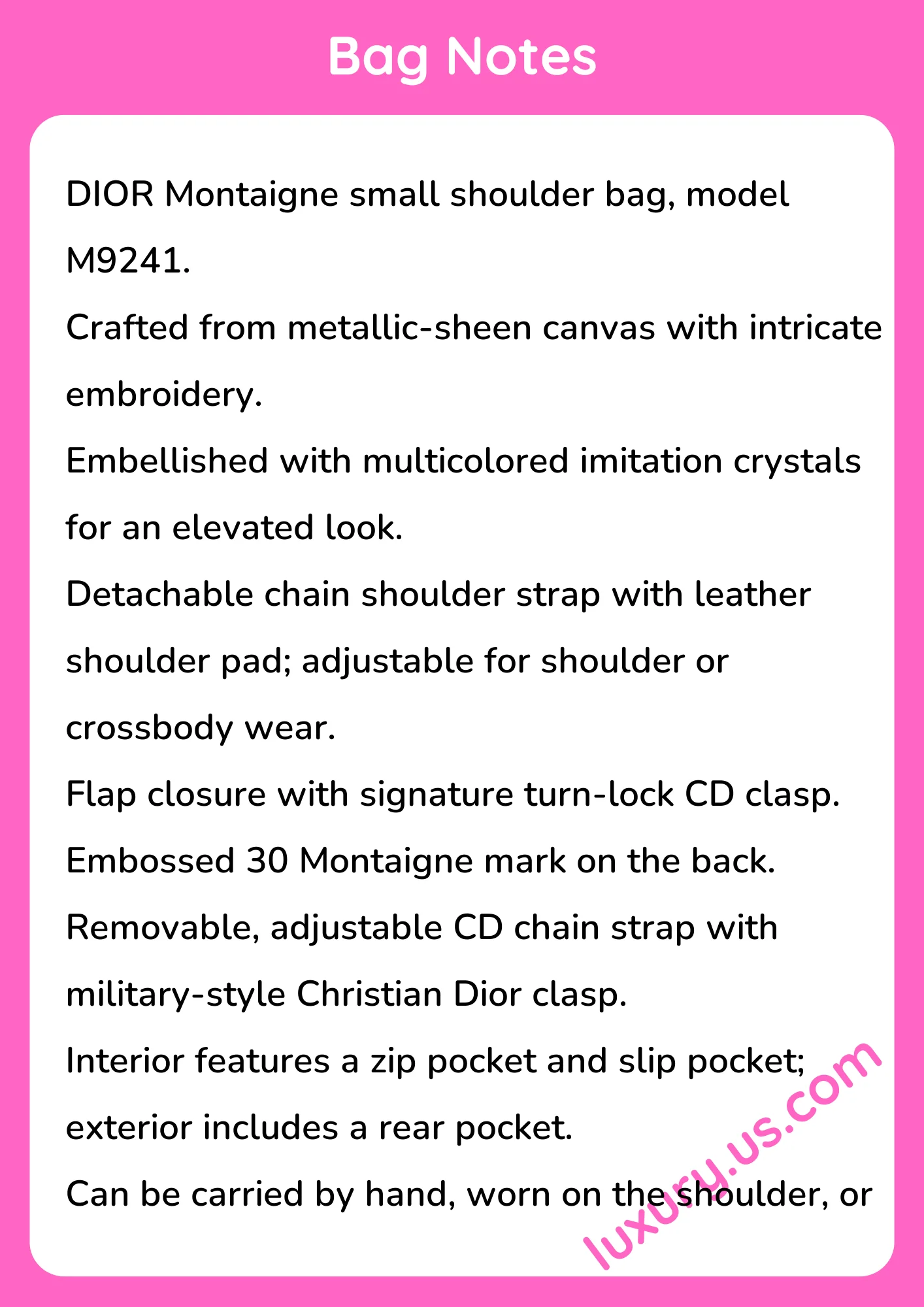 Dior Montaigne Small Embroidered Crystal-Embellished Shoulder Bag M9241 20 cm x 12 cm x 7 cm - short_description_image1