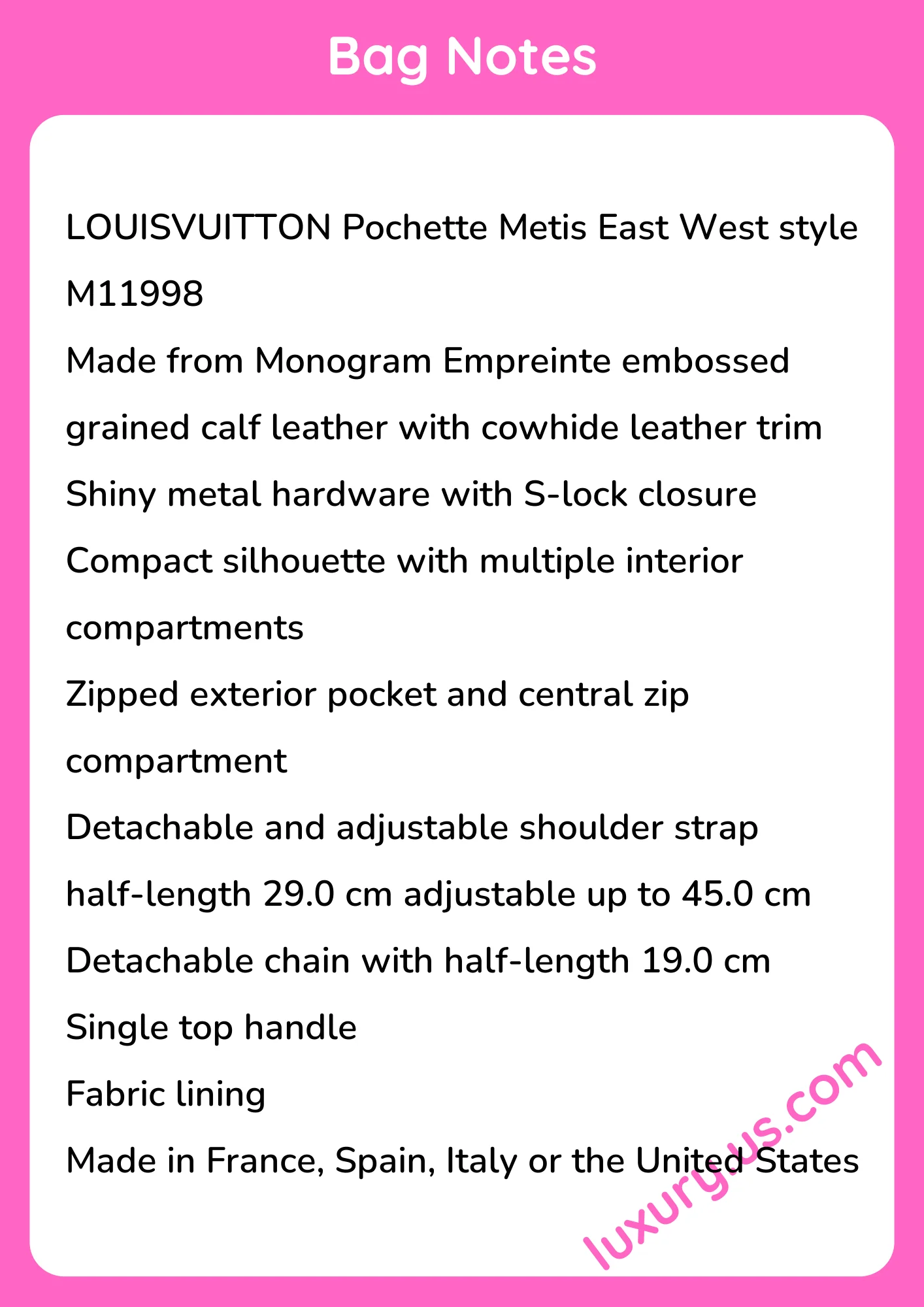 Louisvuitton Pochette Metis East West M11998 Monogram Empreinte Leather 13.5 x 6 x 21.5 cm Louisvuitton Pochette Metis East West M11998 Monogram Empreinte Leather 13.5 x 6 x 21.5 cm - short_description_image1