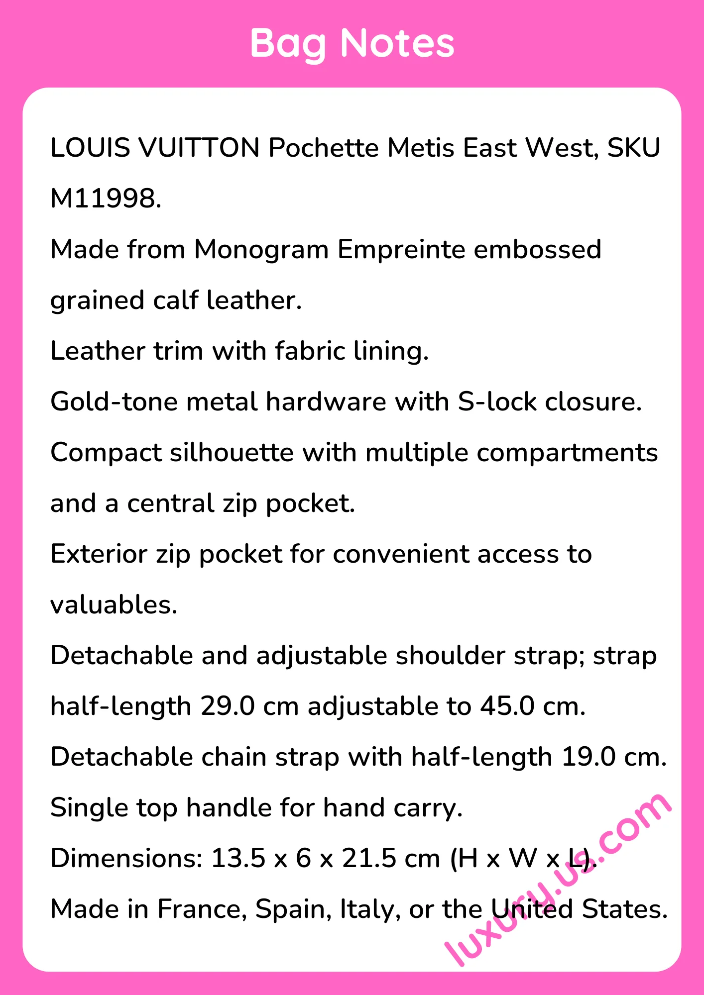 Louisvuitton Pochette Metis East West M11998 13.5 x 6 x 21.5 cm Louisvuitton Pochette Metis East West M11998 13.5 x 6 x 21.5 cm - short_description_image1