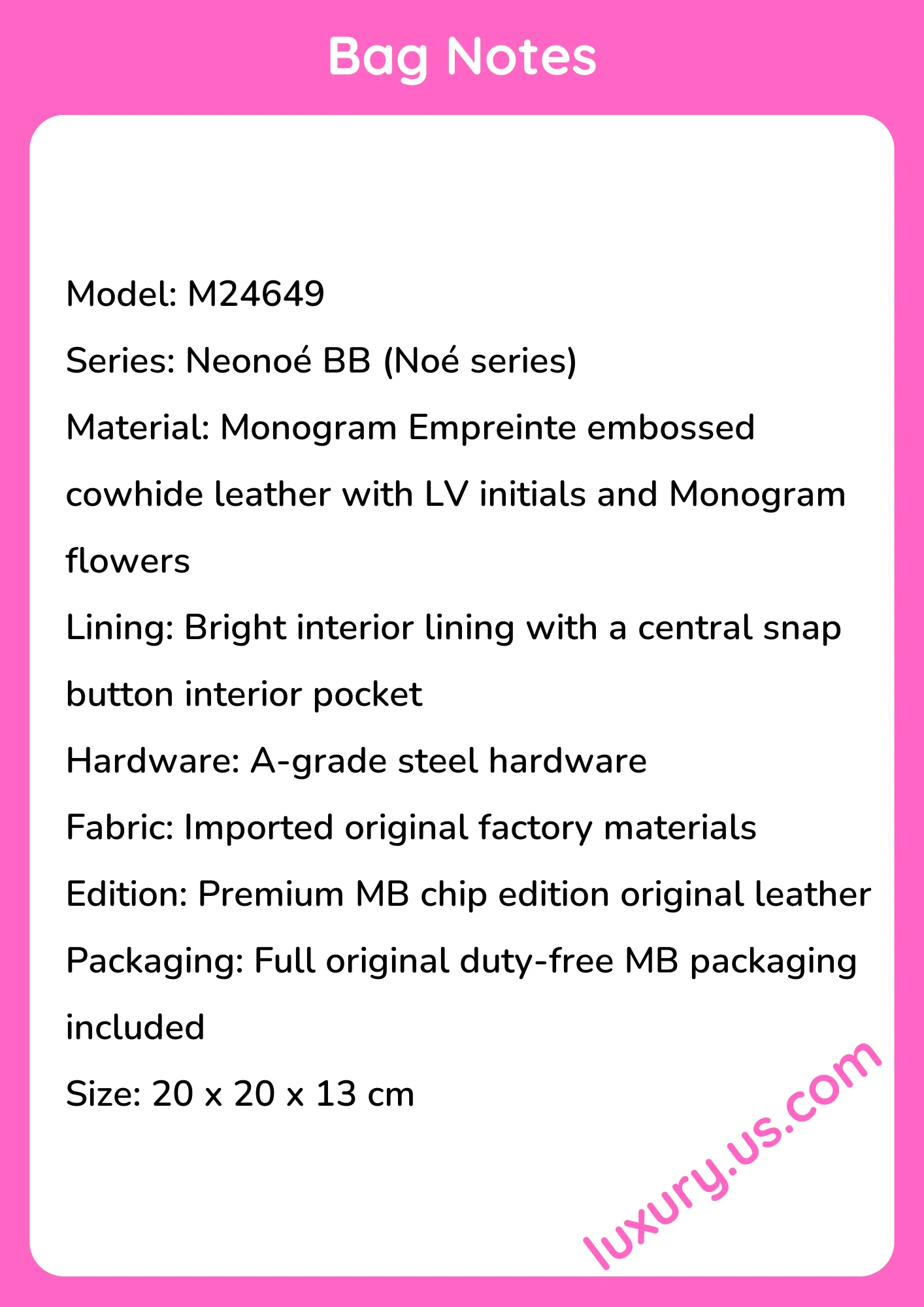 Louisvuitton Neonoe BB M24649 MB Chip Edition 20x20x13 cm - short_description_image1