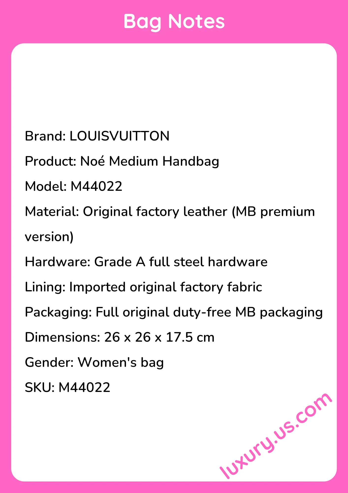 Louisvuitton Noé Medium Handbag M44022 26x26x17.5 cm - short_description_image1