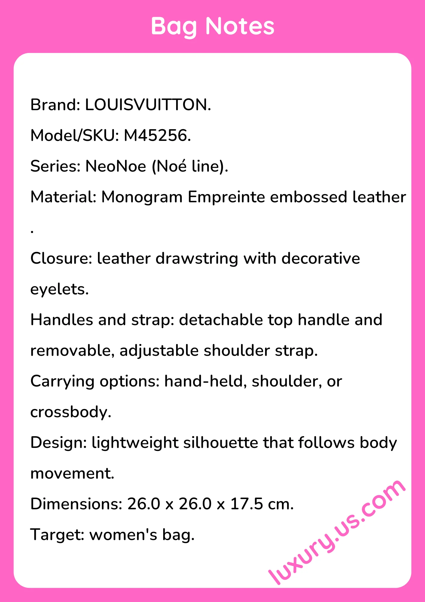 Louisvuitton NeoNoe Medium Bucket Bag M45256 26.0 x 26.0 x 17.5 cm - short_description_image1