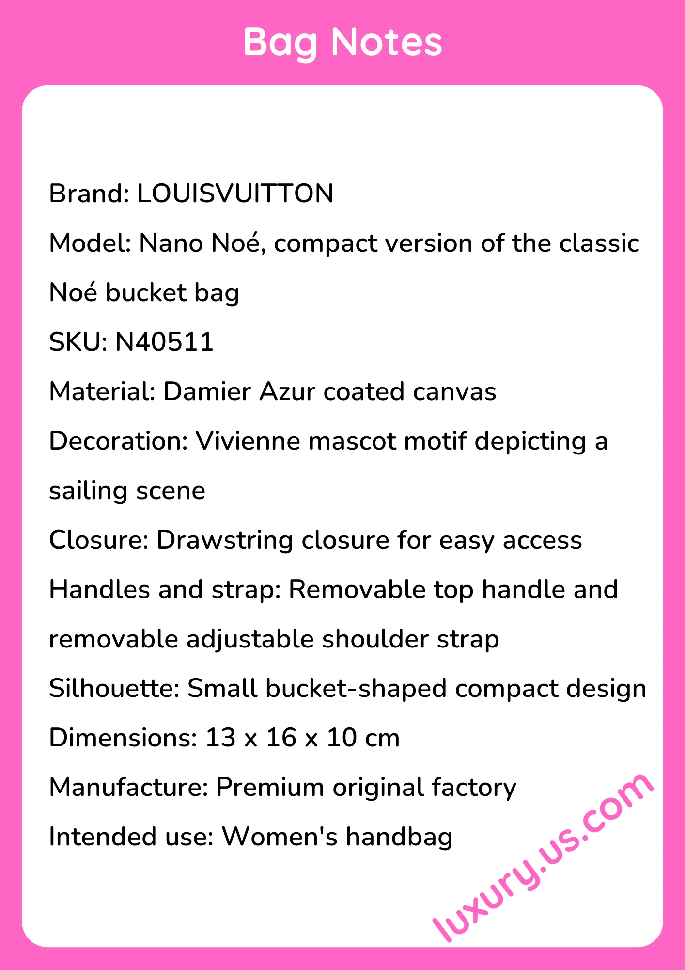 Louisvuitton Nano Noé handbag N40511 13x16x10 cm - short_description_image1